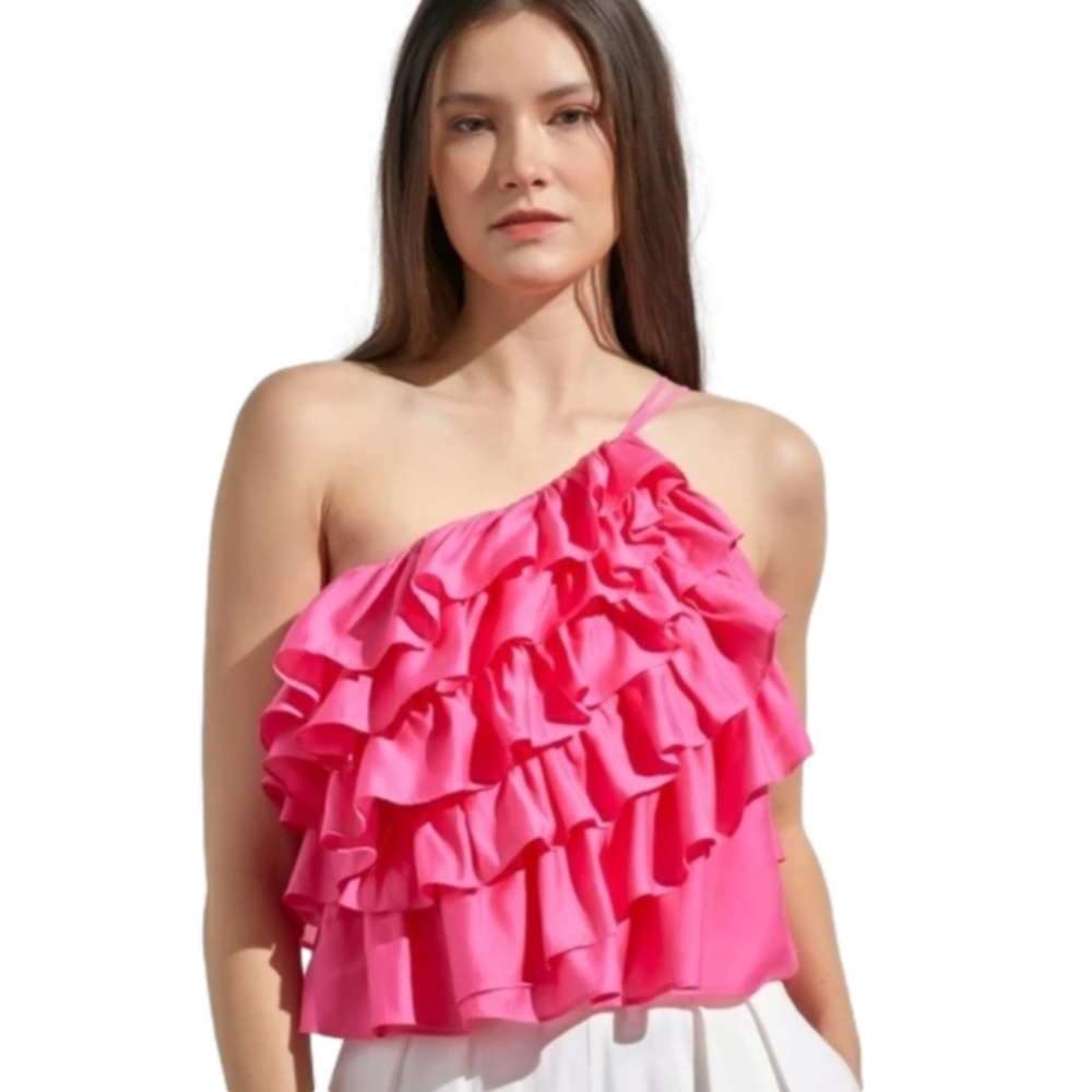 Pink Ruffle Strapless Crop Top | Layered Statement Blouse | Sizes S, M, L